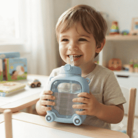 ( 1000ml )Cute Car-Shaped Kids Water Bottle with Straw | Spill-Proof Sippy Cup for Toddlers (Blue)