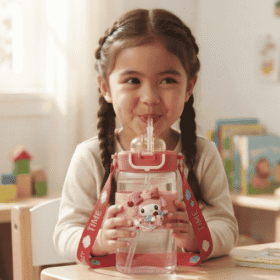 (500ml)Cute Cartoon Kids Water Bottle with Straw & Strap | Transparent Sippy Cup with 3D Character Sleeve | Spill-Proof School Bottle (Red)