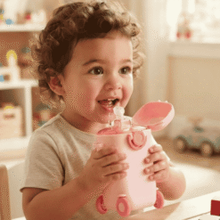 Cute Kids Water Bottle with Straw aur Strap | School ke liye 3D Cartoon Sippy Cup (Pink)